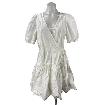 J.Crew White Short Puff Sleeves V Neck Side Tie Mini A-Line Wrap Dress Size S