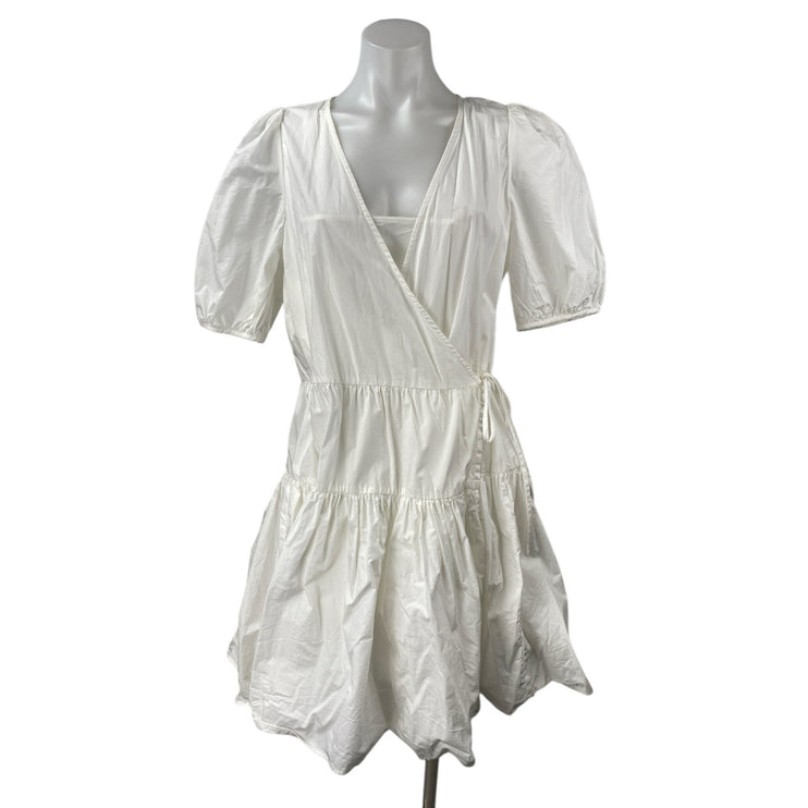 J.Crew White Short Puff Sleeves V Neck Side Tie Mini A-Line Wrap Dress Size S