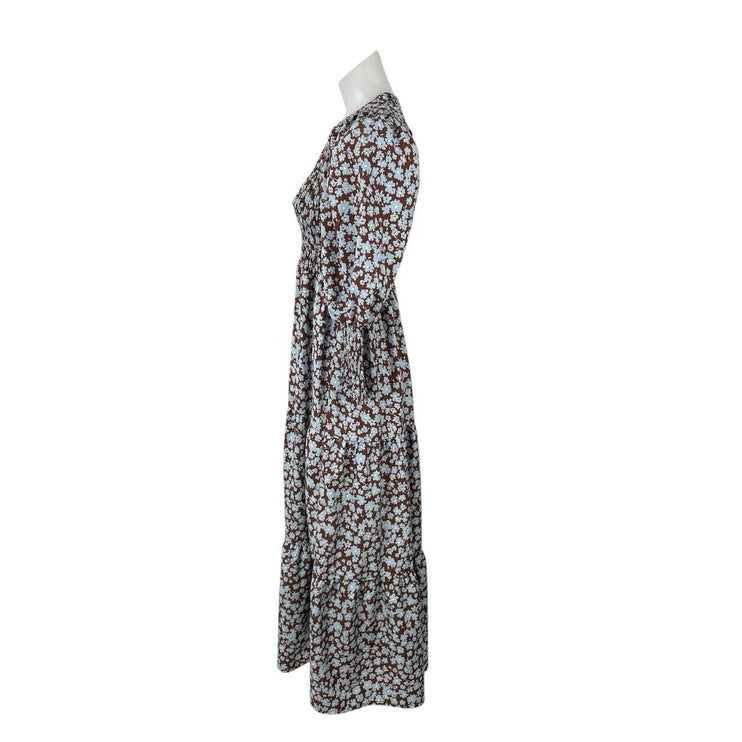 Zoya Brown Floral Shirred Long Balloon Sleeve Smocked Tiered A Line Maxi Dress 2