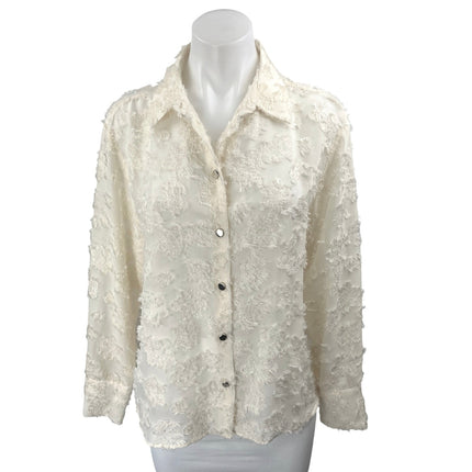 Zara White Textured Jacquard Floral Long Sleeve Button Down Shirt Blouse Top M