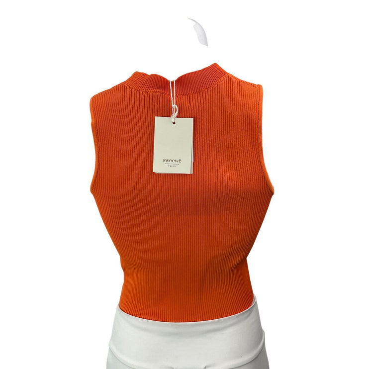 NEW Sweewe Women's Orange Sleeveless Ribbed Knit Crew Neck Cropped Tank Top Sz L