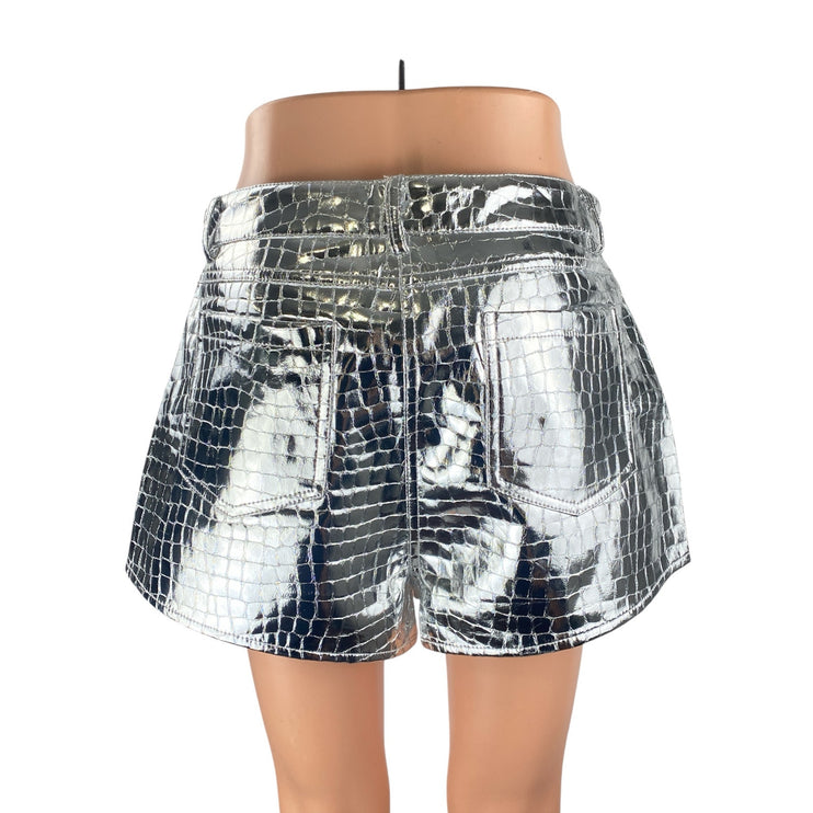 NEW Nasty Gal Women's Silver Metallic Croc Faux Leather High Rise Mom Shorts 8