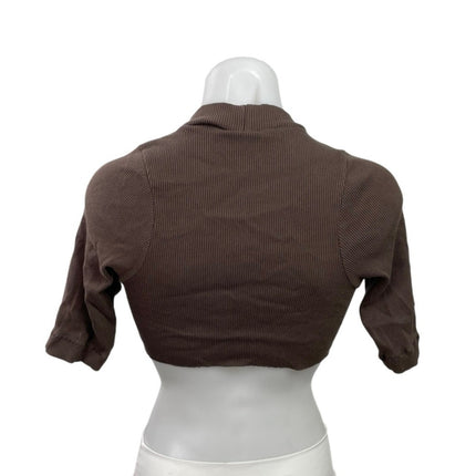 Me Dic Al Women's Brown Ribbed Knit Short Sleeve Moto Biker Crop Top Size XS