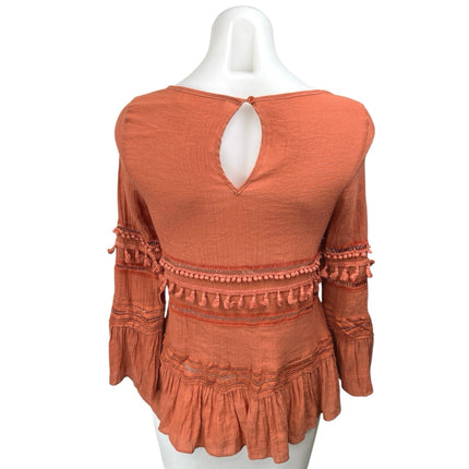 Bacio Brown Pom Pom Tassel Embellished Ruffle Boho Western Blouse Top Size S
