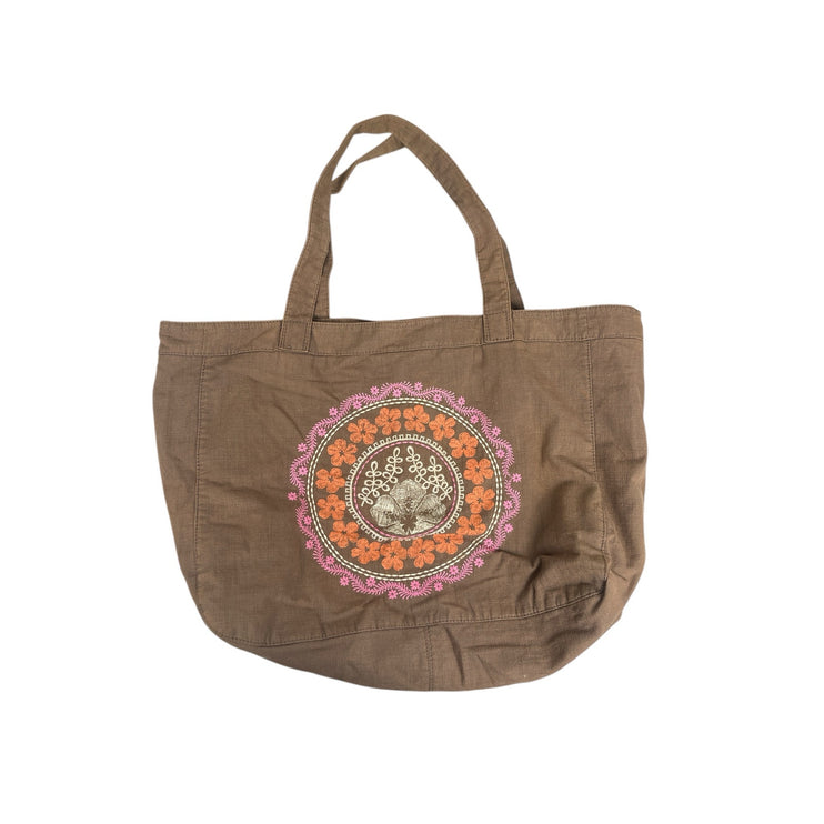 American Eagle Outfitters Tan Floral Embroidered Double Strap Tote Shoulder Bag