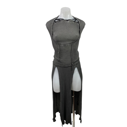 Dolls Kill Darker Wavs Gray Ribbed Hooded Sleeveless Slit Maxi Bodycon Dress XS