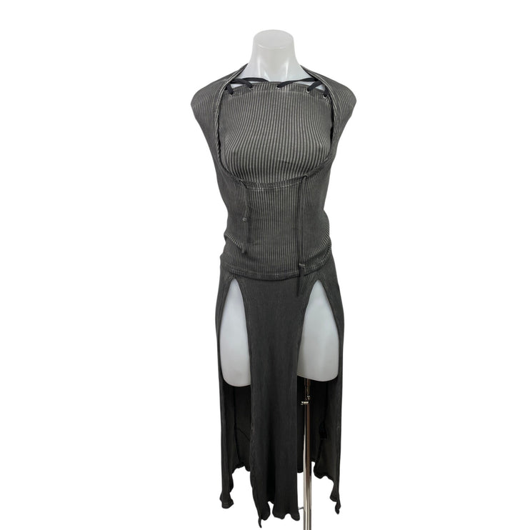 Dolls Kill Darker Wavs Gray Ribbed Hooded Sleeveless Slit Maxi Bodycon Dress XS