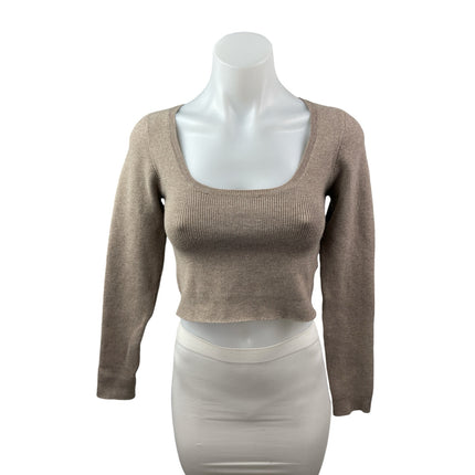 Olivaceous Women's Beige Wool Ribbed Square Neck Long Sleeve Crop Sweater Top M