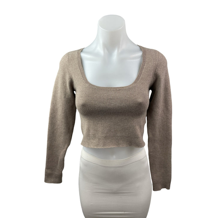 Olivaceous Women's Beige Wool Ribbed Square Neck Long Sleeve Crop Sweater Top M