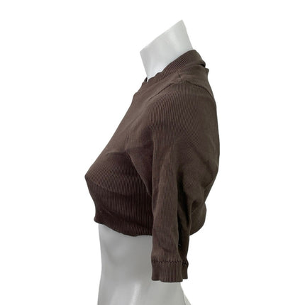 Me Dic Al Women's Brown Ribbed Knit Short Sleeve Moto Biker Crop Top Size XS