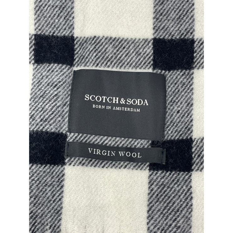 Scotch & Soda Wool Black White Plaid Check Fringe Snow Shawl Wrap Neck Scarf OS