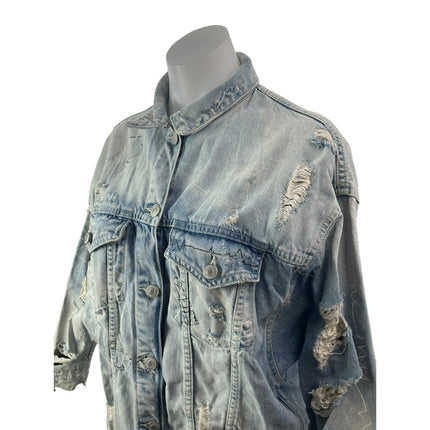 Zara Trafaluc Women's Blue Distressed Graffiti Long Sleeve Denim Jean Jacket S