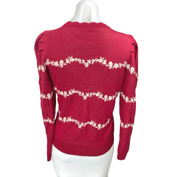 Ann Taylor LOFT Women's Red Floral Striped Long Puff Sleeve Sweater Top Size S