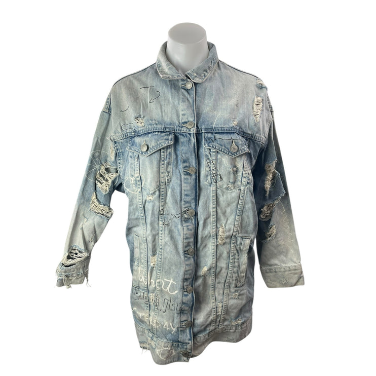 Zara Trafaluc Women's Blue Distressed Graffiti Long Sleeve Denim Jean Jacket S