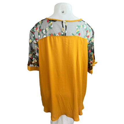Shein Curve Orange Black Floral Embroidered Mesh Short Sleeve Blouse Top Sz 5XL