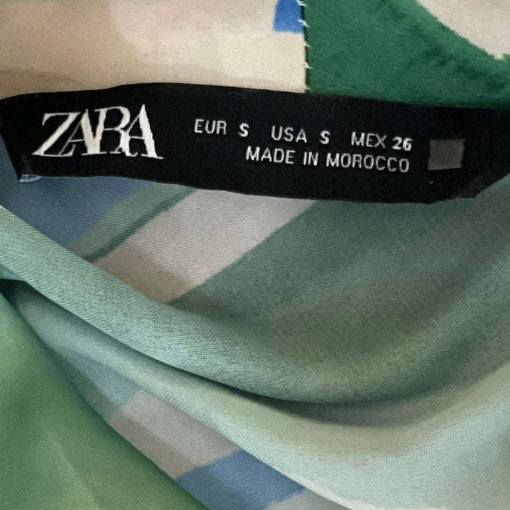 Zara Women's Green Geometric Abstract Cap Short Sleeve Cowl Blouse Top Size S