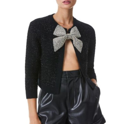 Alice + Olivia Akira Black Silver Beaded Bow 3/4 Sleeve Cardigan Sweater Top M