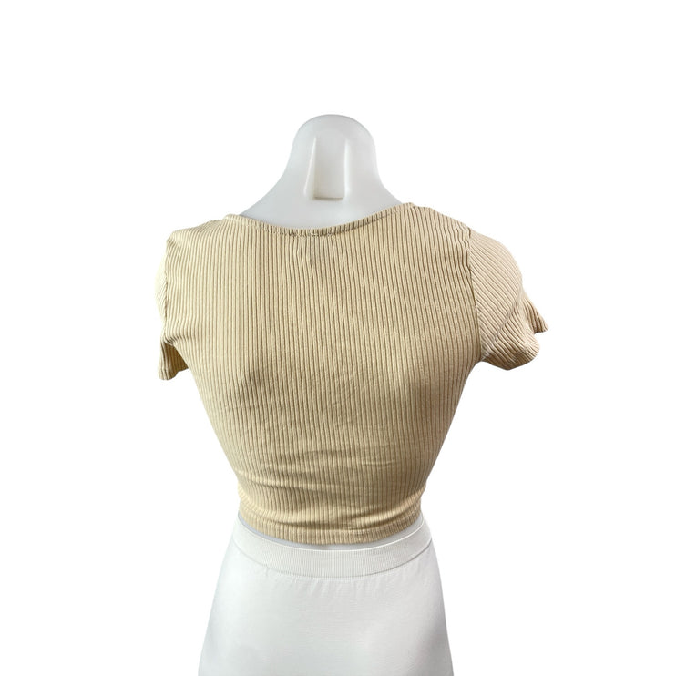 Princess Polly Women's Cream Beige Ribbed Knit V Neck Ruched Crop Top Size 2