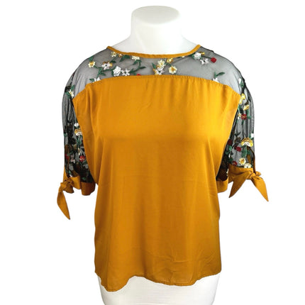 Shein Curve Orange Black Floral Embroidered Mesh Short Sleeve Blouse Top Sz 5XL