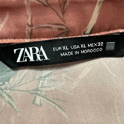 Zara Womens Brown Silky Satin Bird Print Long Sleeve Button Down Shirt Top Sz XL