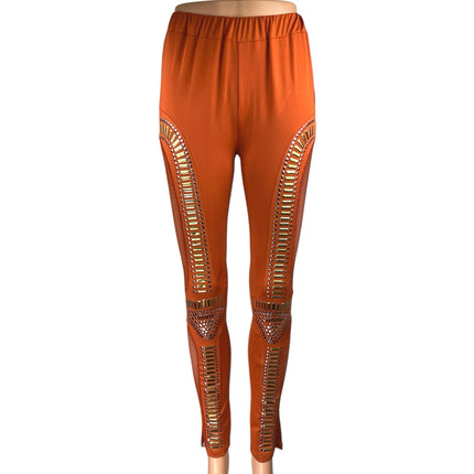 Rehab Orange Studded Fishnet Jeweled Skinny Mid Rise Trousers Leggings Pants L