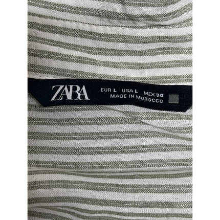 ZARA Green Striped Collared Long Sleeve Button Down Crop Shirt Blouse Top Size L