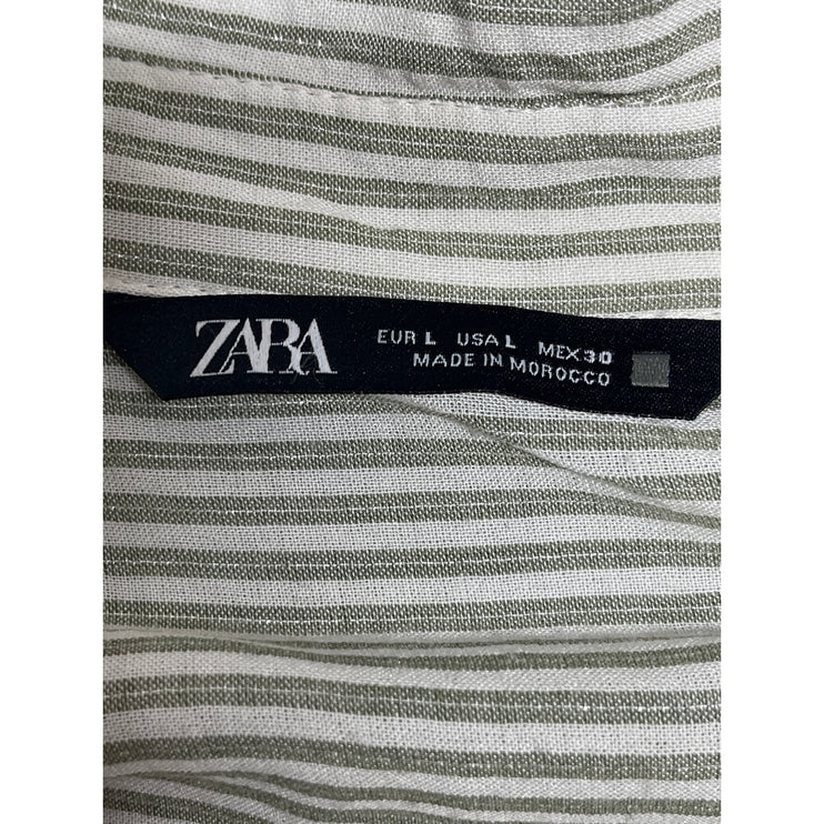 ZARA Green Striped Collared Long Sleeve Button Down Crop Shirt Blouse Top Size L