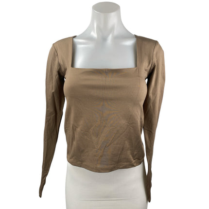 Stradivarius Women's Tan Square Neck Long Sleeve Stretch Blouse Crop Top Size L