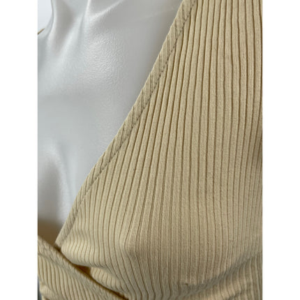Princess Polly Carmend Beige Ribbed Ruched V Neck Suplice Wrap Crop Blouse Top 0