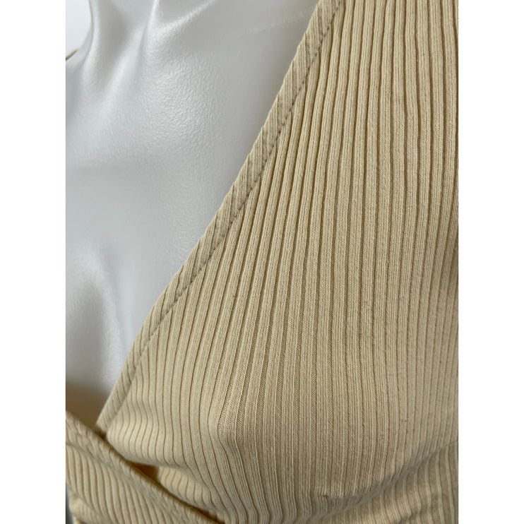 Princess Polly Carmend Beige Ribbed Ruched V Neck Suplice Wrap Crop Blouse Top 0