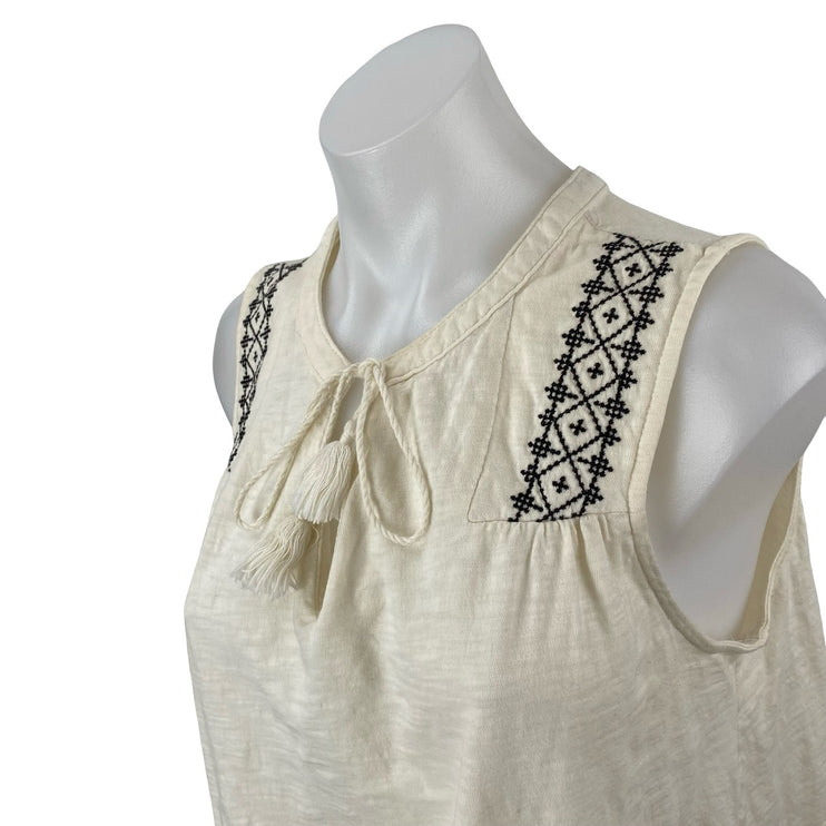 Old Navy Women's Ivory Embroidered Tassel Tie Neck Keyhole Sleeveless Tank Top S