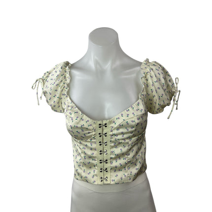 Princess Polly Yellow Floral Short Puff Sleeve Corset Bustier Hook Blouse Top 6