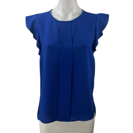 Zara Women's Blue Short Ruffle Flutter Sleeve Round Neck Pleated Blouse Top Sz S