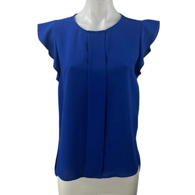 Zara Women's Blue Short Ruffle Flutter Sleeve Round Neck Pleated Blouse Top Sz S
