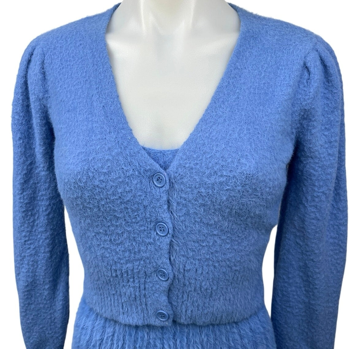 New Freshman 1996 Blue Knit Fuzzy Cardigan Sweater Mini Tank Dress Set Size XS New Freshman 1996 Blue Knit Fuzzy Cardigan Sweater Mini Tank Dress Set Size XS