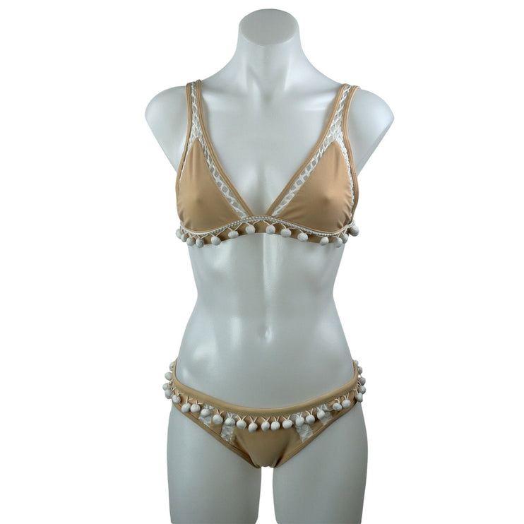 Tularosa Women's Tan Pom Pom Boho Triangle Two Piece Bikini Swimwear Size S