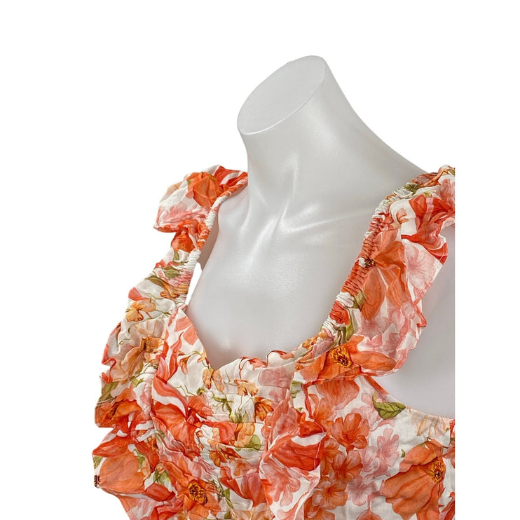 NEW H&M Coral Floral Sleeveless Linen Ruffle Sweetheart Cropped Blouse Top Sz S