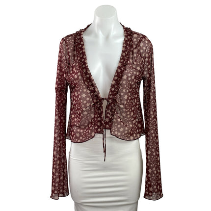 Free People Marne Purple Mesh Sheer Star Ruffles Long Sleeve Crop Cardigan Top M