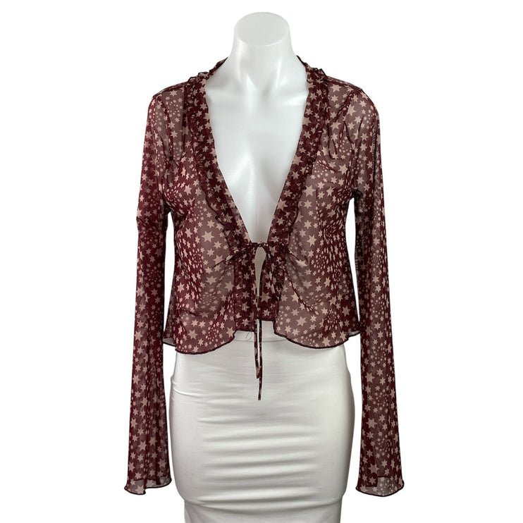 Free People Marne Purple Mesh Sheer Star Ruffles Long Sleeve Crop Cardigan Top M