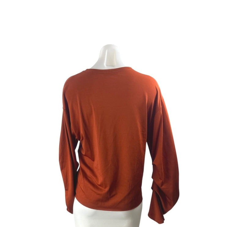 Zara Women's Orange Brown Ruched Long Sleeve Crew Neck Tee T-Shirt Blouse Top M