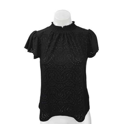 Faith & Zoe Black Eyelet Embroidered Mock Neck Short Sleeve Blouse Top Size XS