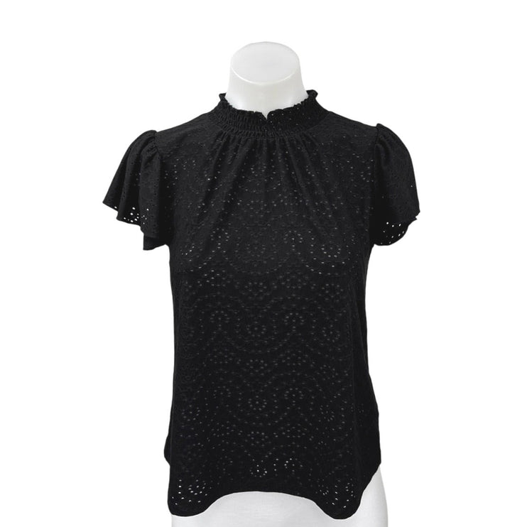 Faith & Zoe Black Eyelet Embroidered Mock Neck Short Sleeve Blouse Top Size XS
