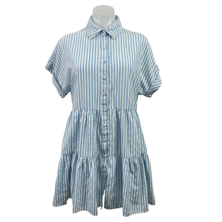 Aqua Blue Stripe Collared Short Sleeve Button Up Mini Flare A-Line Shirt Dress S