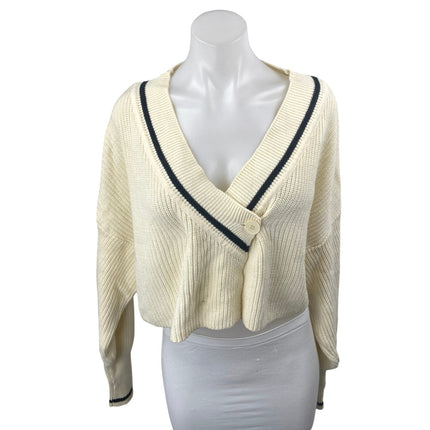 Oak + Fort Cream Rib Chunky Knit V-neck Long Sleeve Crop Cardigan Sweater Top M