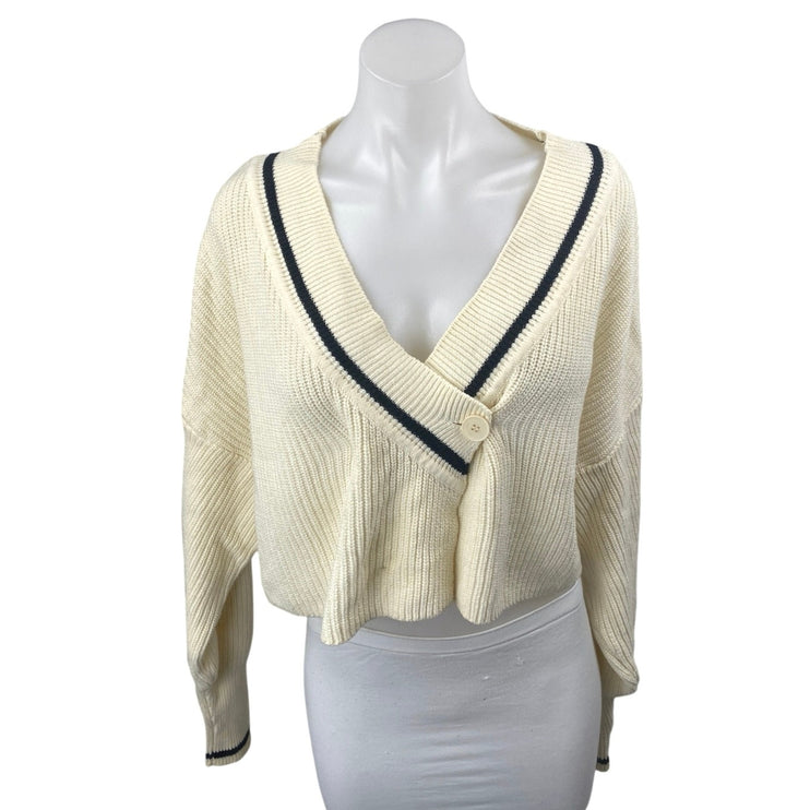 Oak + Fort Cream Rib Chunky Knit V-neck Long Sleeve Crop Cardigan Sweater Top M