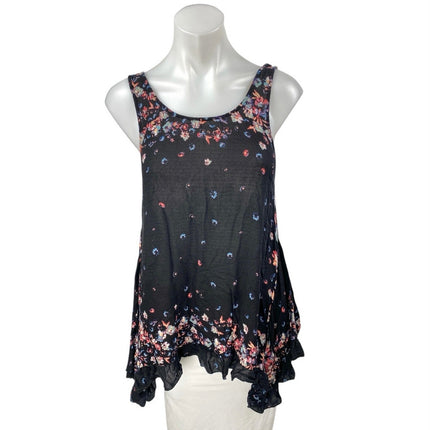 Free People Black Floral Print Sleeveless Ruffled Asymmetrical Tunic Tank Top XS