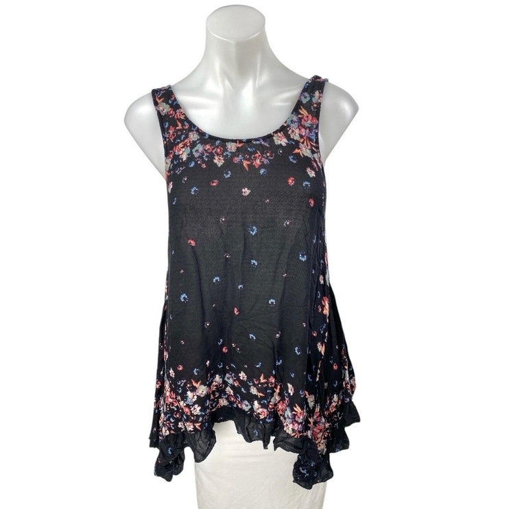 Free People Black Floral Print Sleeveless Ruffled Asymmetrical Tunic Tank Top XS