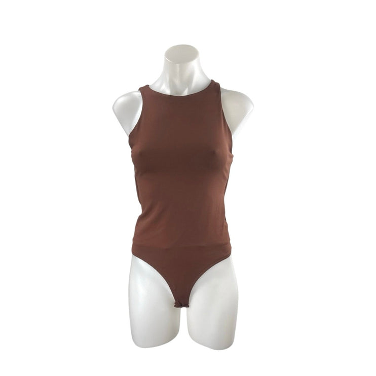 Reoria Womens Brown Sleeveless High Mock Neck Slim One Piece Tank Bodysuit Top S