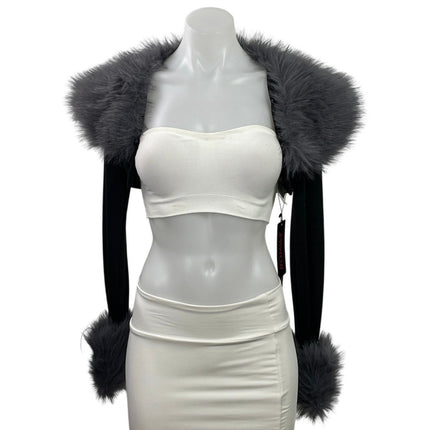 NEW Romwe Black Fluffy Collar Faux Fur Feather Cropped Cardigan Shrug Size XS