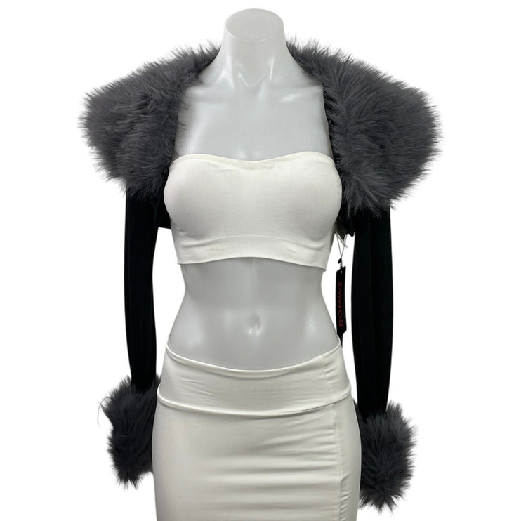 NEW Romwe Black Fluffy Collar Faux Fur Feather Cropped Cardigan Shrug Size XS